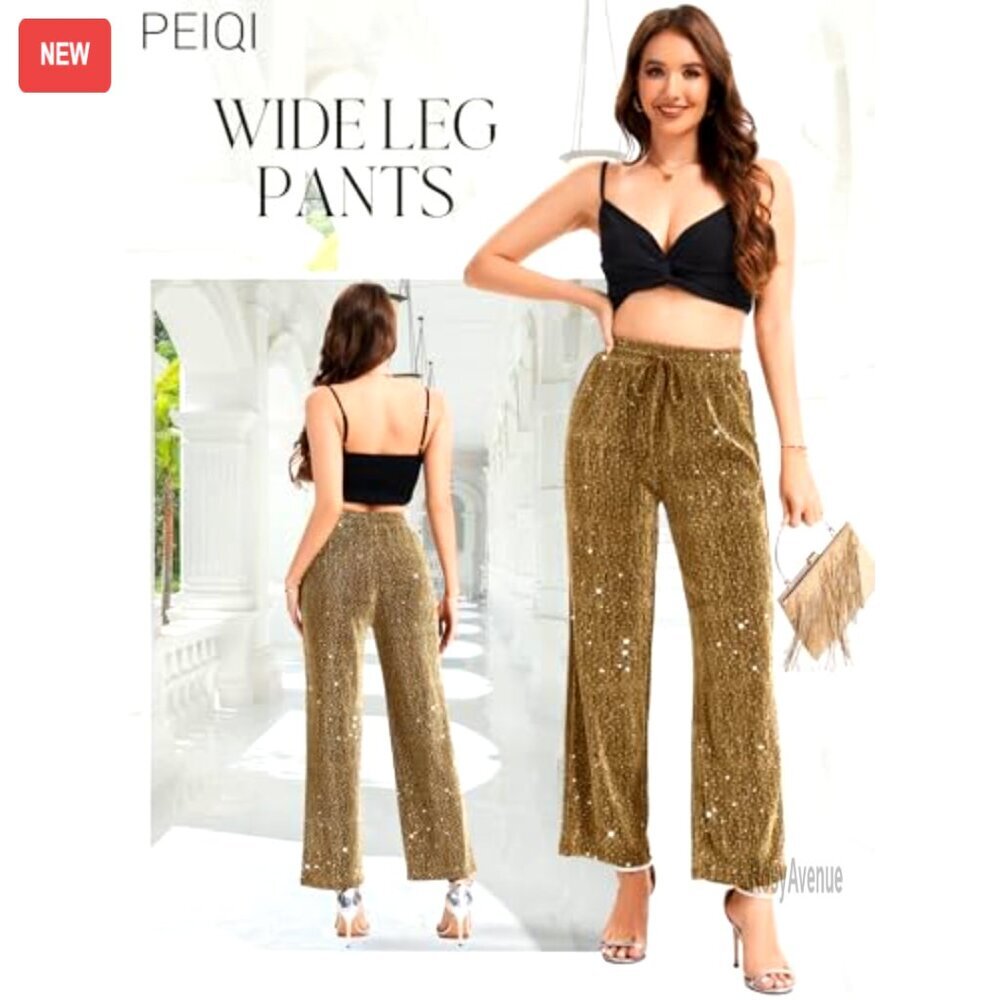 High Elastic Waist Wide Leg Palazzo Pants Glitter Sparkle Casual Loose Long - Picture 5 of 7